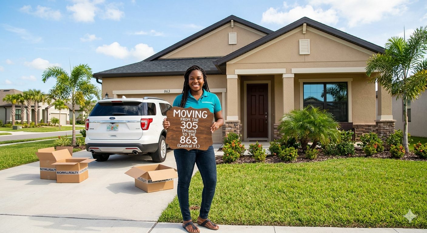 A Black woman realtor, standing in front of a new Florida home, happily holding a custom wooden sign that says "MOVING FROM THE 305 (Miami) TO THE 863 (Central FL)