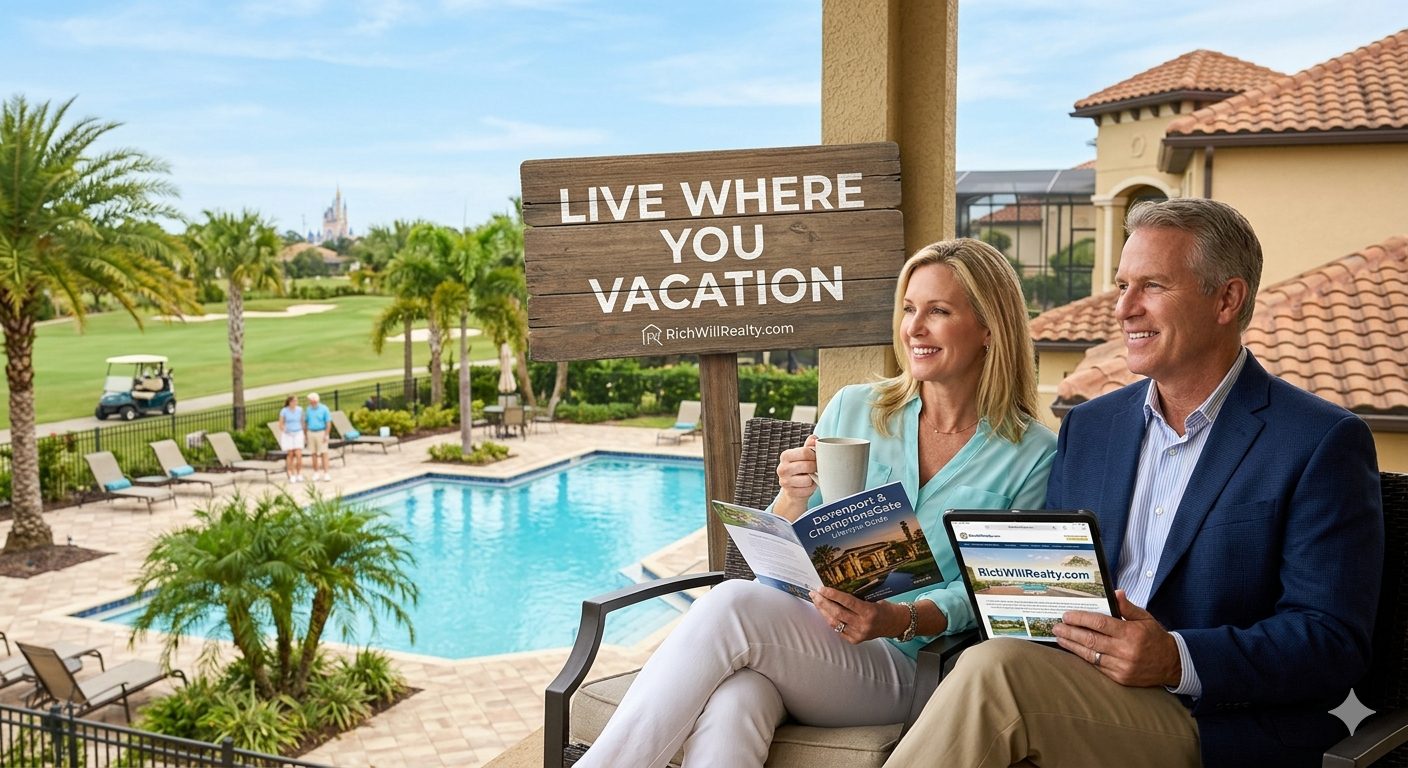 A couple relaxes on their private balcony overlooking a luxury pool and ChampionsGate golf course. A rustic wooden sign on the balcony reads: 'LIVE WHERE YOU VACATION. RichWillRealty.com