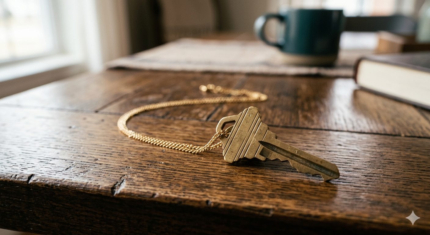 A brass house key attached to a thin gold chain sitting on a rustic wooden table, symbolizing the "golden handcuffs" of low mortgage interest rates.