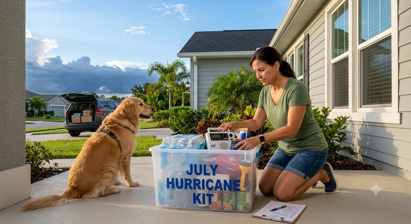 A woman in a green t-shirt and denim shorts kneels on a suburban porch, packing a clear plastic storage bin labeled "JULY HURRICANE KIT." Inside the bin are water bottles, canned food, a weather radio, and a first aid kit. A golden retriever sits beside her, a clipboard with a checklist rests on the ground, and an SUV with an open trunk is parked in the background under a partly cloudy sky.