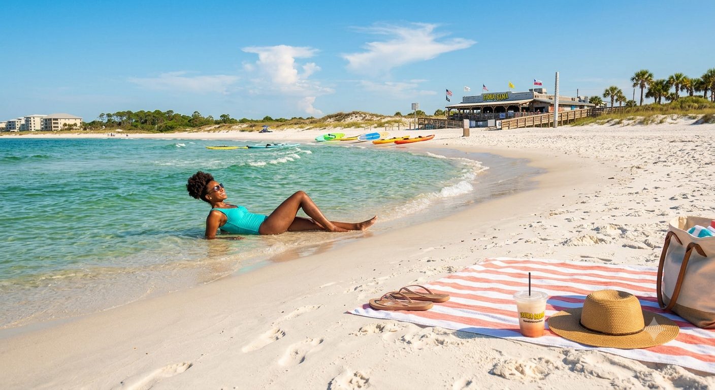 A woman in a turquoise swimsuit relaxes in the shallow, clear turquoise water of a white sand beach. Her natural hair is styled in a puff, and she is smiling while looking out at the ocean. In the foreground, a striped beach towel holds a straw hat, flip-flops, a beach bag, and a plastic cup containing a layered Bushwacker cocktail. In the background, the iconic Flora-Bama lounge sits nestled in the coastal sand dunes under a clear blue summer sky.