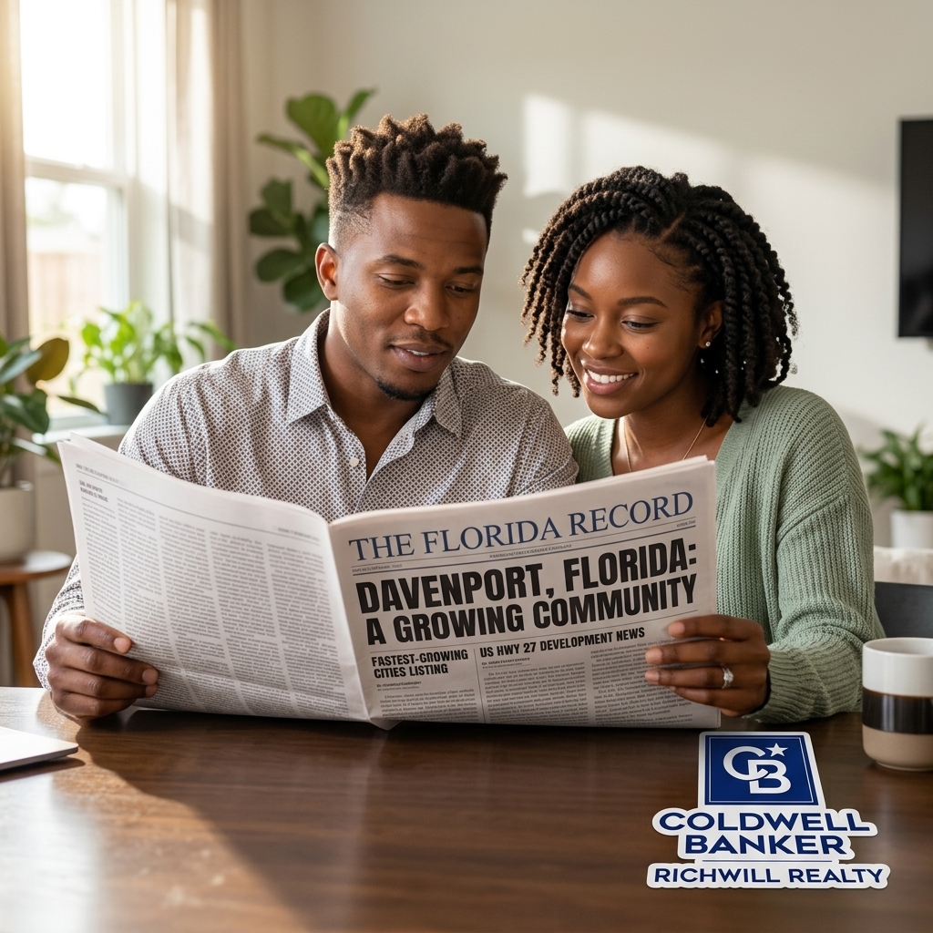An African American couple, a male and a female, seated together at a wooden table in a well-lit living room, both focused on reading a broadsheet newspaper titled 'THE FLORIDA RECORD', featuring the headline 'DAVENPORT, FLORIDA: A GROWING COMMUNITY' in large text. The newspaper detail includes a smaller sub-headline about the 'US HWY 27 DEVELOPMENT NEWS'. Natural light streams from a window on the left. The scene is intimate, focused, and educational, with the Coldwell Banker Richwill Realty logo (with the specific star icon and text from the original logo image) prominently overlaid in the lower-right corner. The context is community engagement and local real estate news.